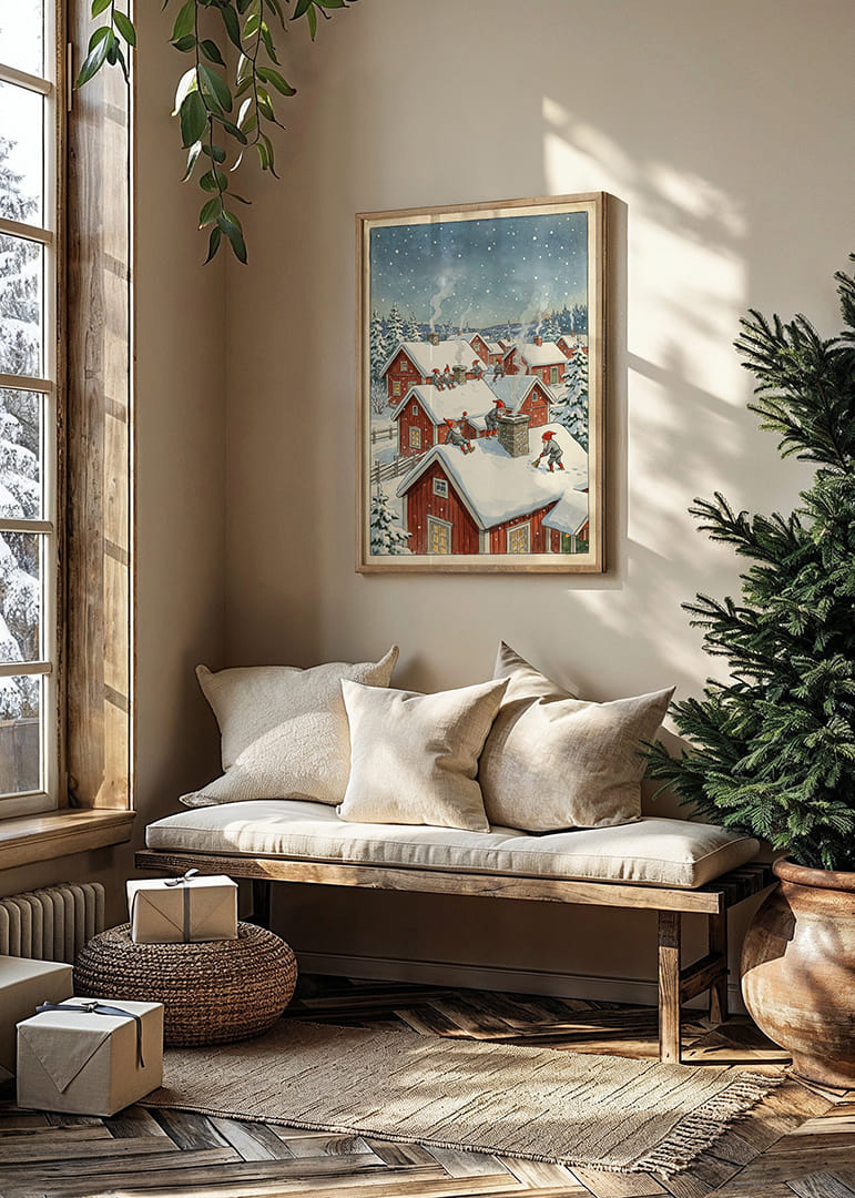 Charmig vinterscen med tomtar på hustak i snötäckt by-12