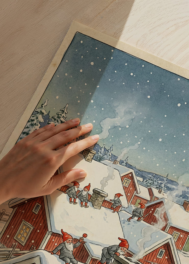 Charmig vinterscen med tomtar på hustak i snötäckt by-12