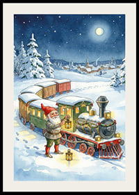 Des gnomes mènent un train magique à travers le paysage hivernal-2