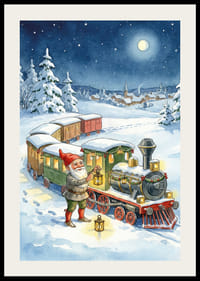 Des gnomes mènent un train magique à travers le paysage hivernal-2