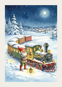 Des gnomes mènent un train magique à travers le paysage hivernal-3