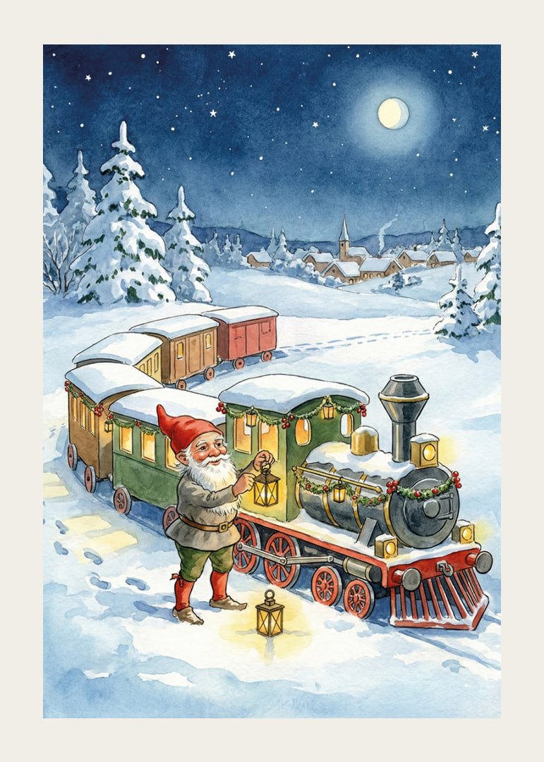 Des gnomes mènent un train magique à travers le paysage hivernal-12