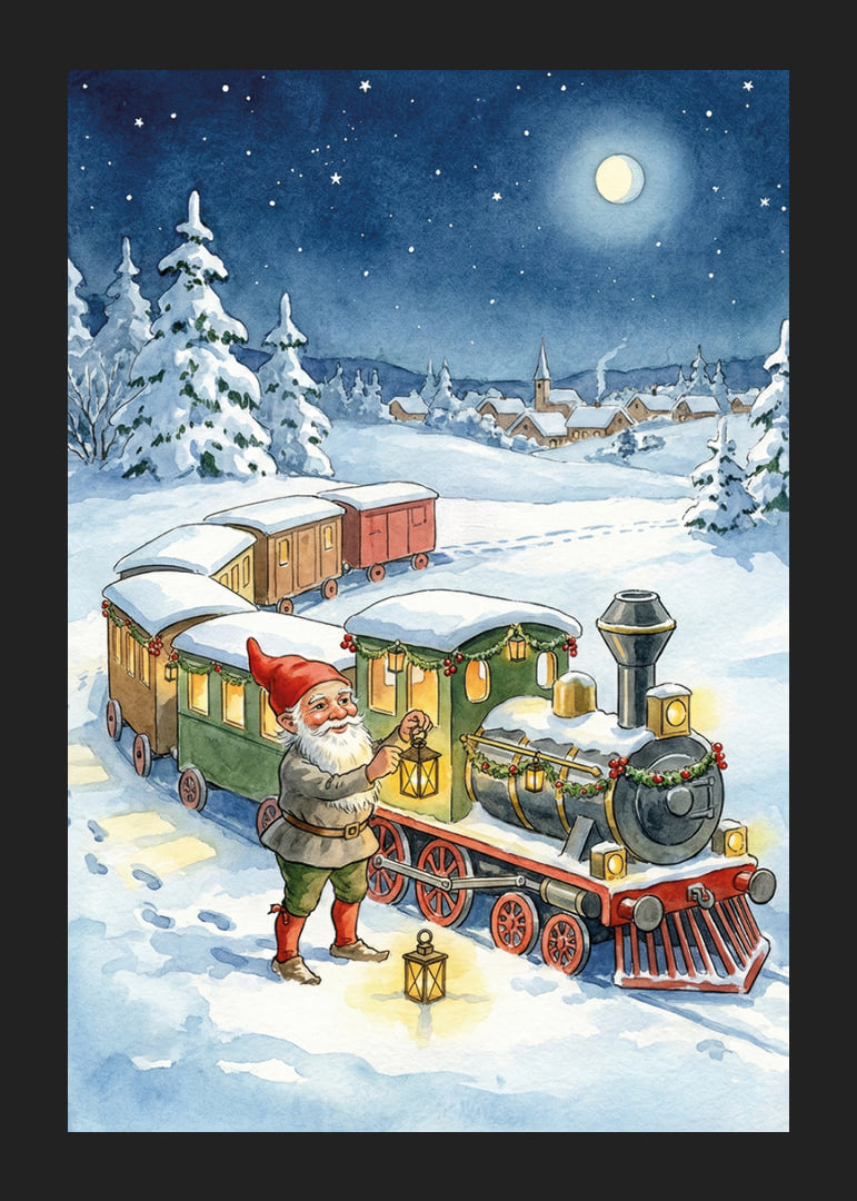 Des gnomes mènent un train magique à travers le paysage hivernal-12