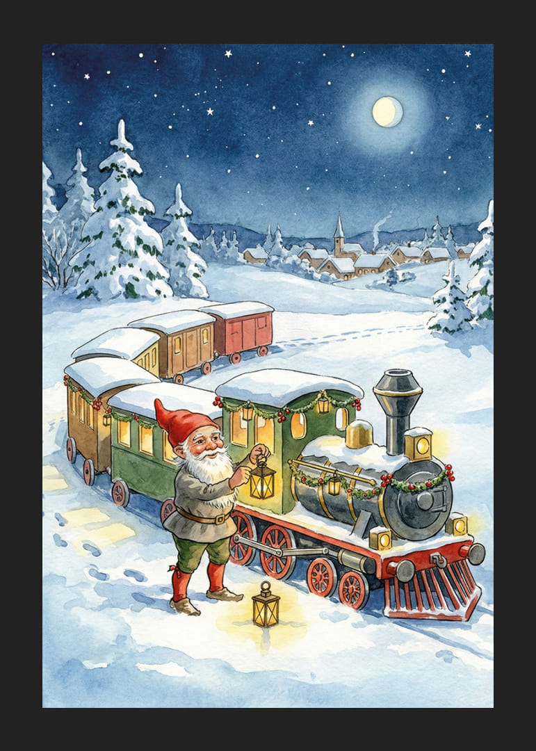 Des gnomes mènent un train magique à travers le paysage hivernal-12