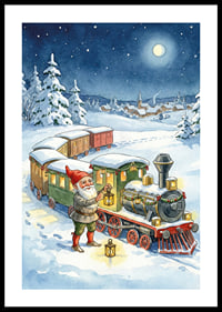 Des gnomes mènent un train magique à travers le paysage hivernal-0