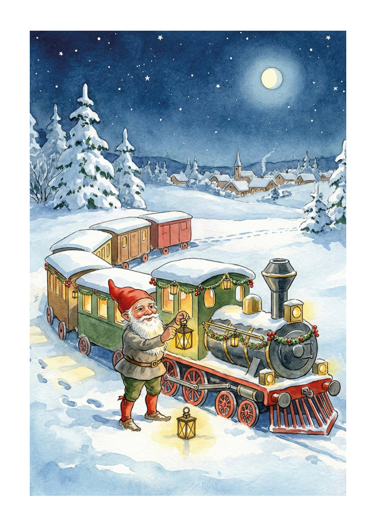 Des gnomes mènent un train magique à travers le paysage hivernal-12