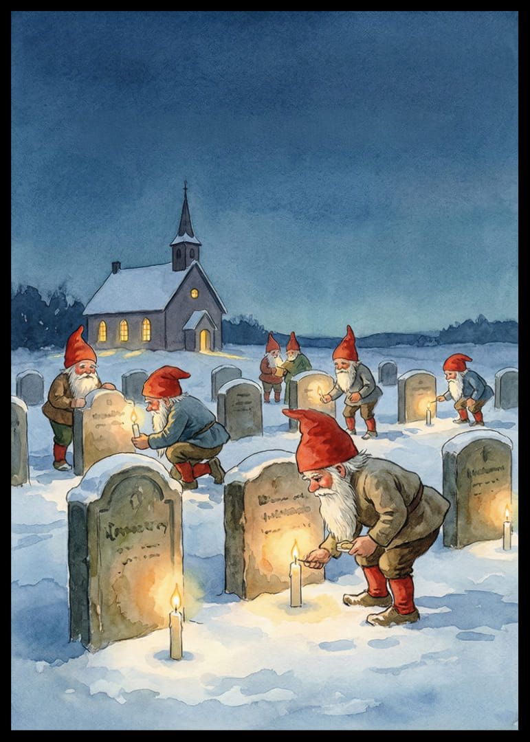 Tomtar tänder ljus vid gravstenar i vinternattens stillhet-12