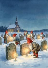 Tomtar tänder ljus vid gravstenar i vinternattens stillhet-3