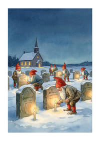 Tomtar tänder ljus vid gravstenar i vinternattens stillhet-1