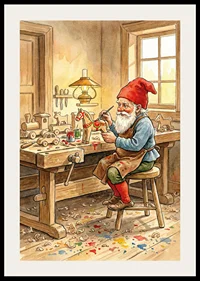 Santa Claus paints toys in a cozy carpentry shop-2