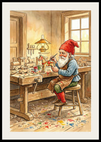 Julenissen maler leker i et koselig snekkerverksted-2