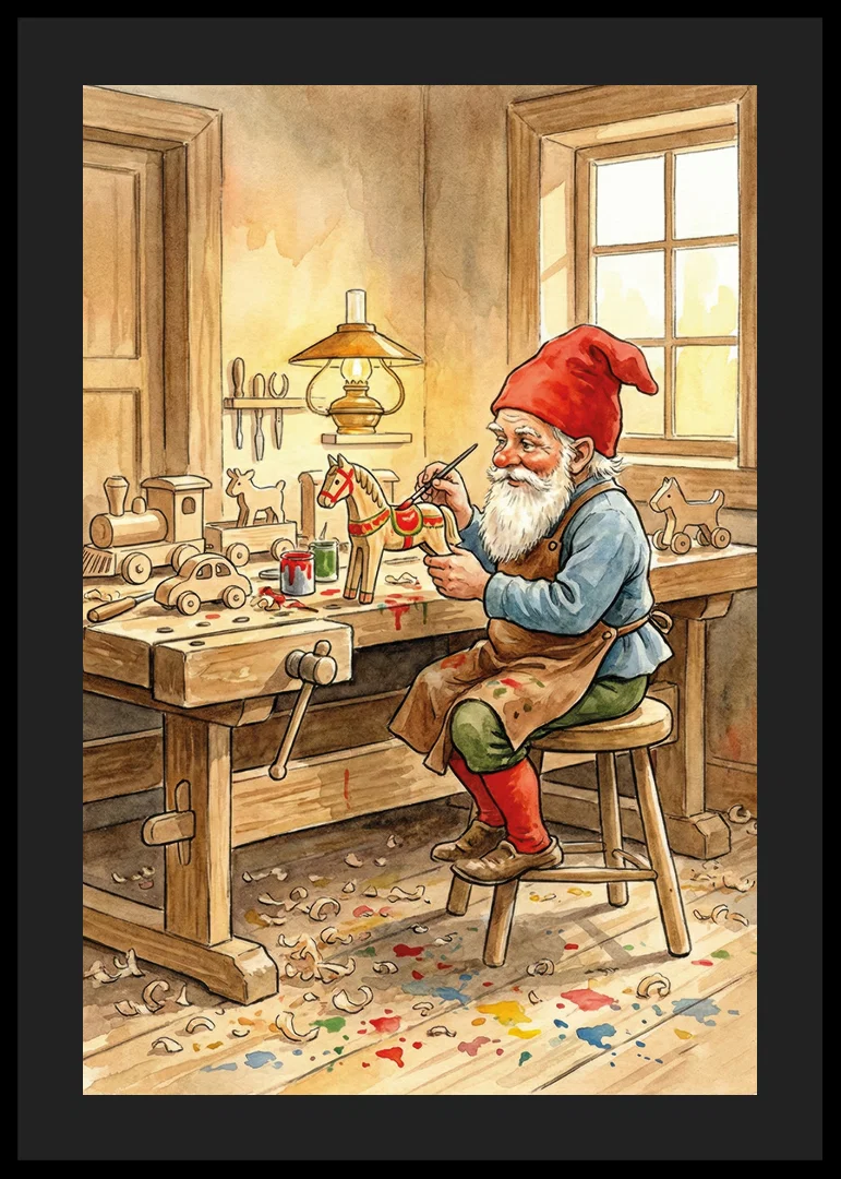 Santa Claus paints toys in a cozy carpentry shop-12