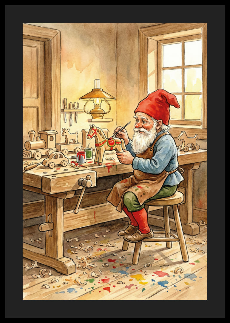 Julenissen maler leker i et koselig snekkerverksted-12