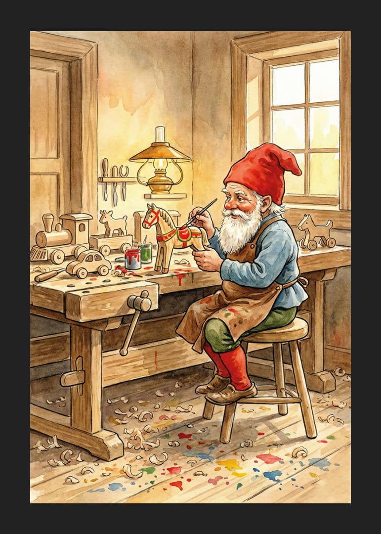 Julenissen maler leker i et koselig snekkerverksted-12
