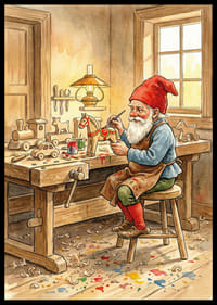 Tomten målar leksaker i ett mysigt snickeri-2