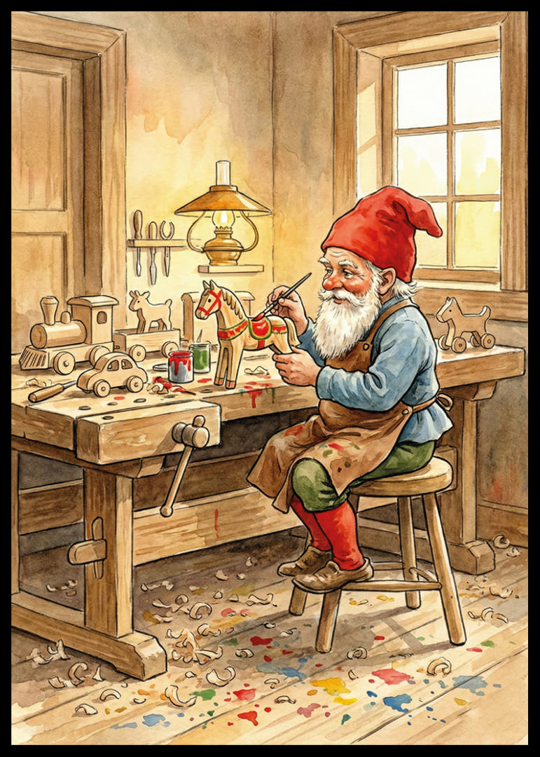 Tomten målar leksaker i ett mysigt snickeri-12