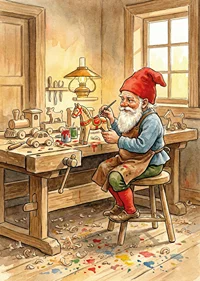 Santa Claus paints toys in a cozy carpentry shop-7