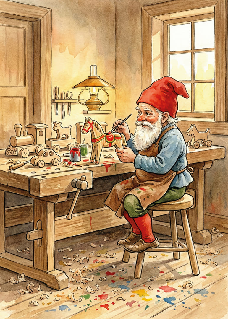 Tomten målar leksaker i ett mysigt snickeri-12