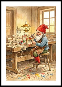 Santa Claus paints toys in a cozy carpentry shop-0