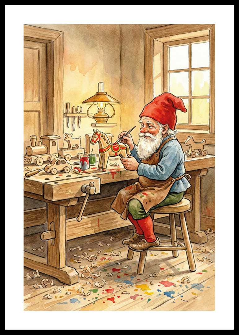 Tomten målar leksaker i ett mysigt snickeri-12