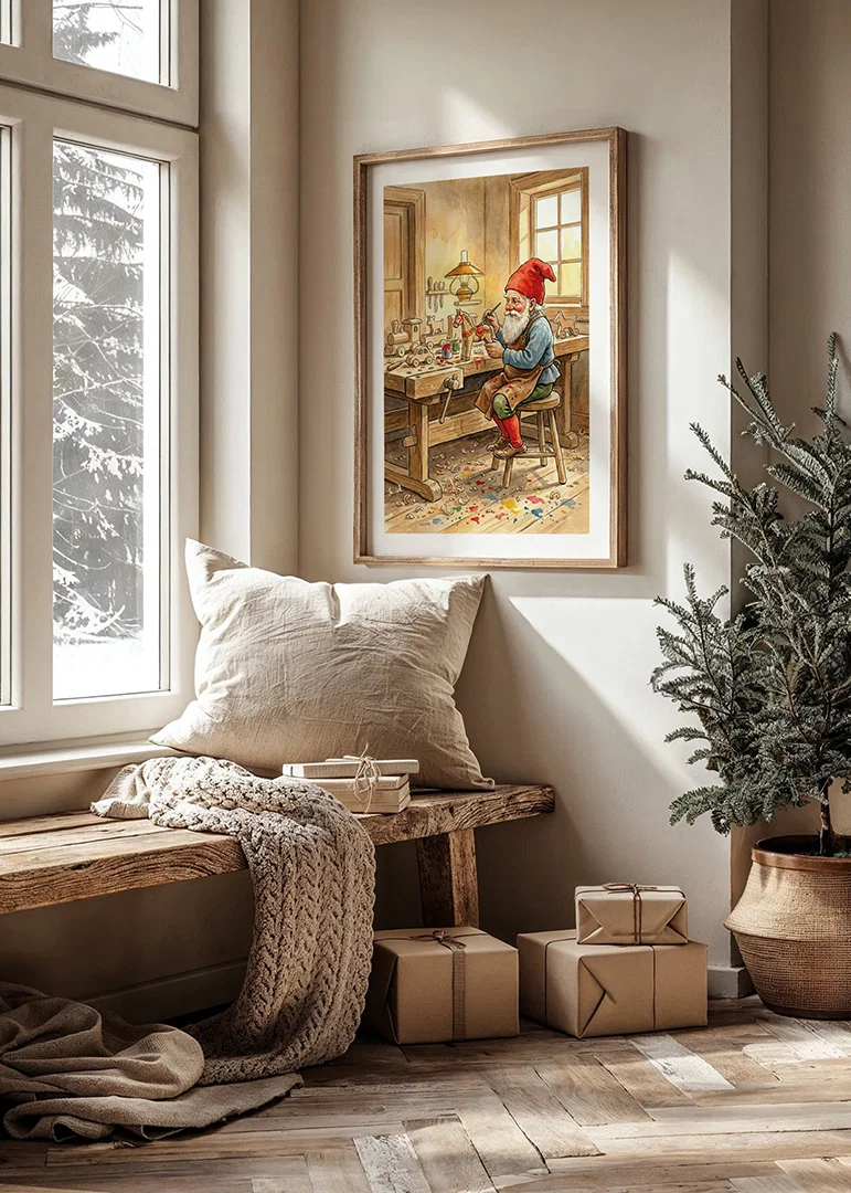Santa Claus paints toys in a cozy carpentry shop-12