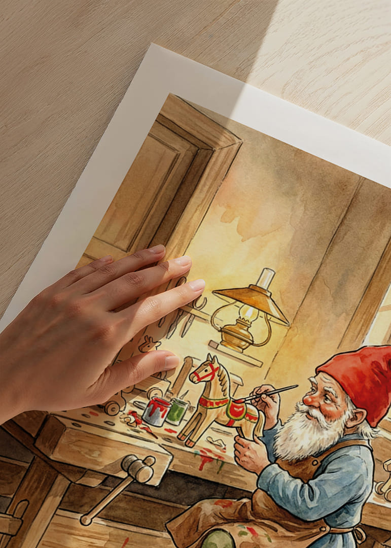 Tomten målar leksaker i ett mysigt snickeri-12
