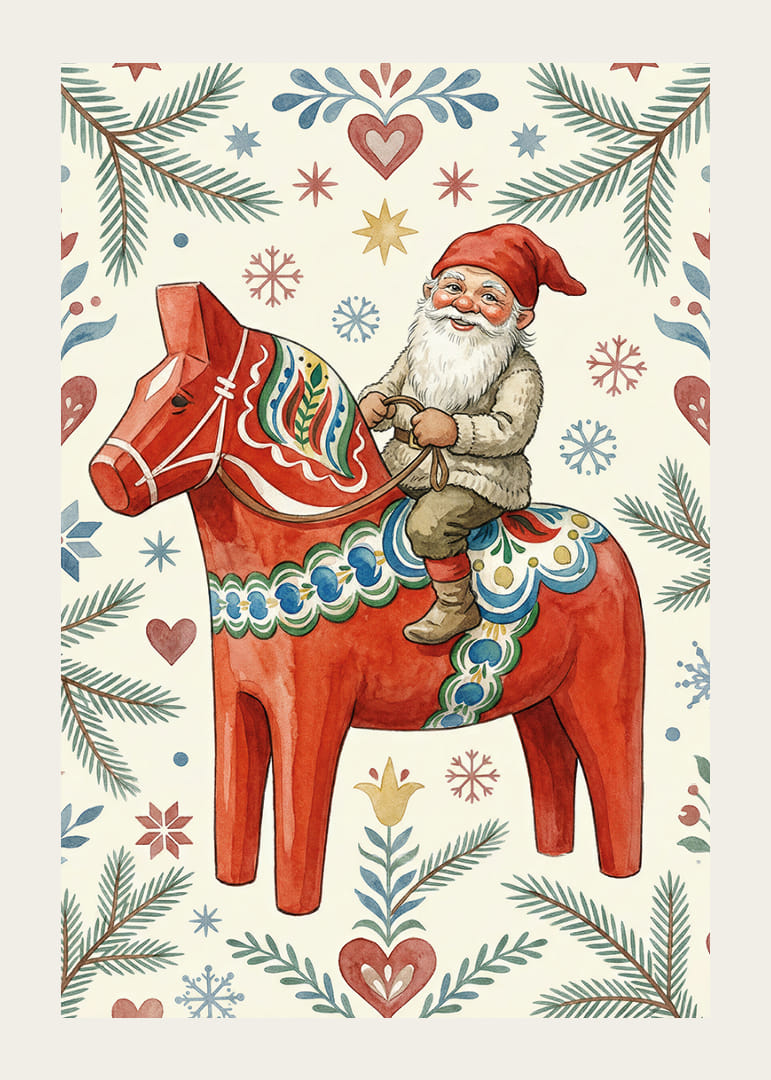 Papá Noel monta un caballo Dala tradicional entre motivos navideños-12