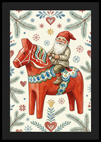 Der Weihnachtsmann reitet auf einem traditionellen Dala-Pferd inmitten weihnachtlicher Muster.-4