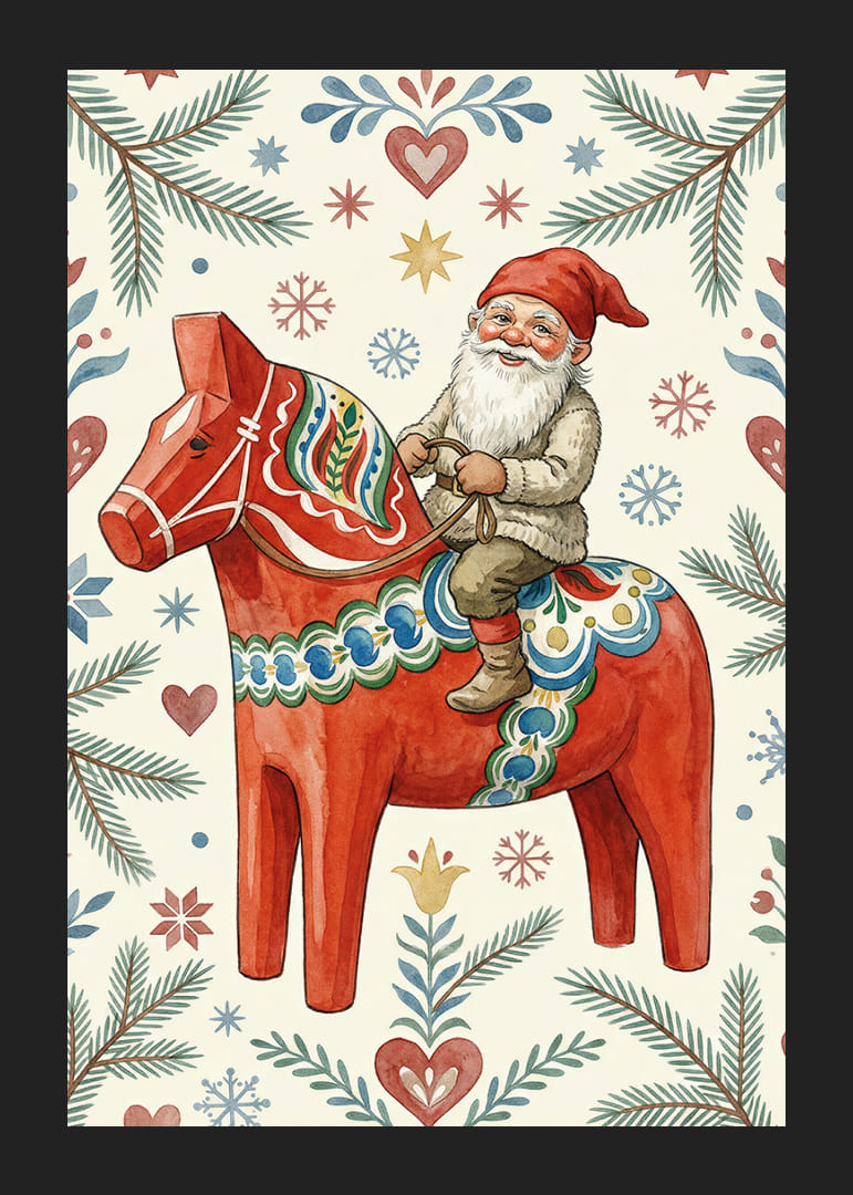 Papá Noel monta un caballo Dala tradicional entre motivos navideños-12