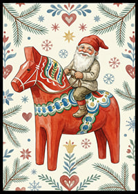 Der Weihnachtsmann reitet auf einem traditionellen Dala-Pferd inmitten weihnachtlicher Muster.-6