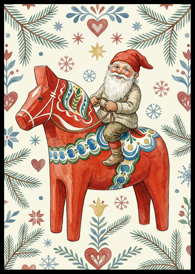 Tomte rider på traditionell dalahäst bland julens mönster-12
