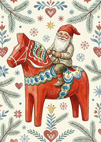 Der Weihnachtsmann reitet auf einem traditionellen Dala-Pferd inmitten weihnachtlicher Muster.-7
