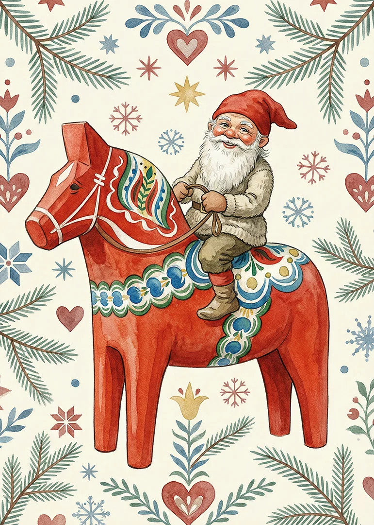 Santa rides a traditional Dala horse among Christmas patterns-12