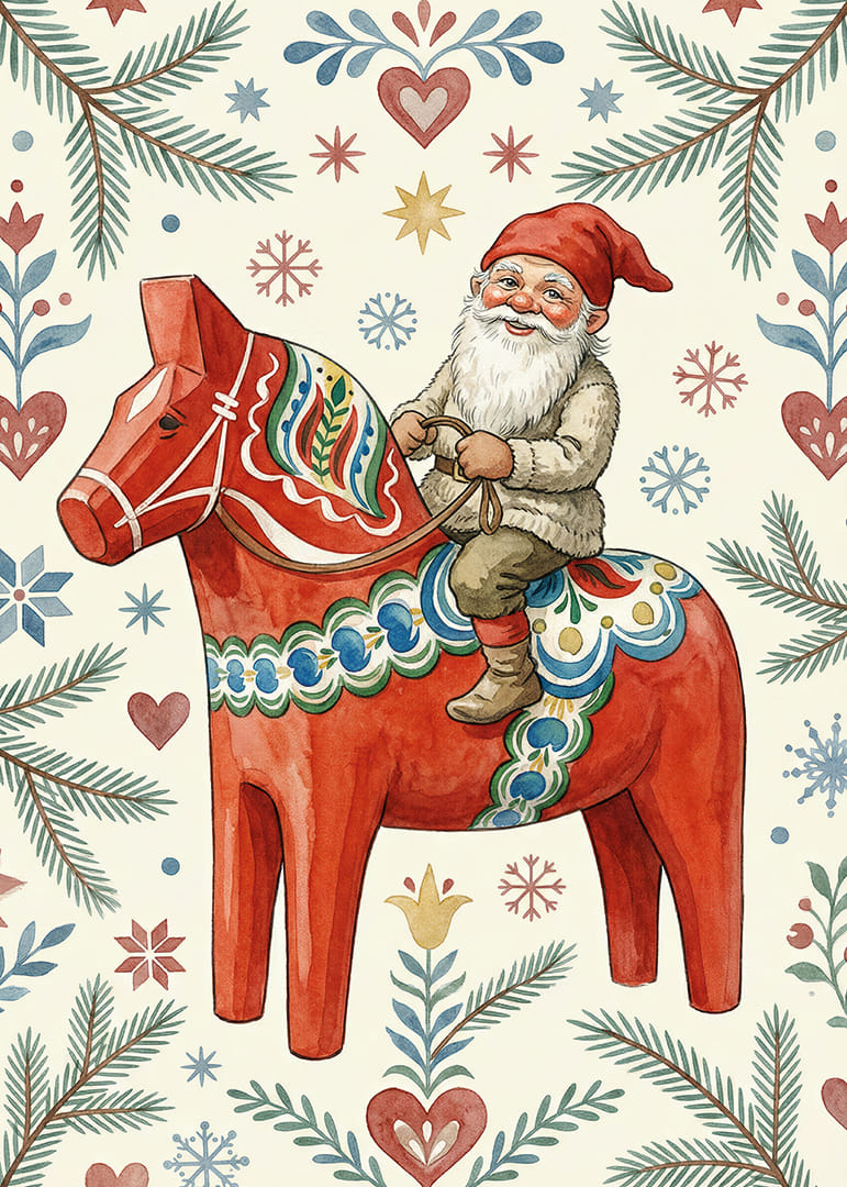 Tomte rider på traditionell dalahäst bland julens mönster-12