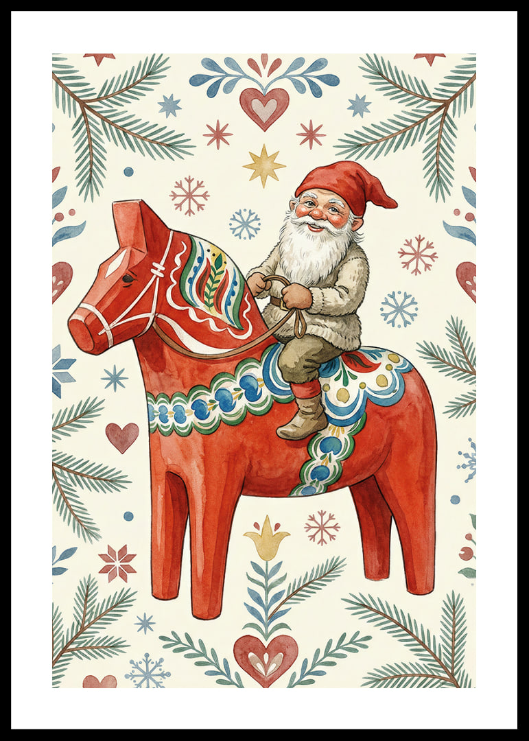 Der Weihnachtsmann reitet auf einem traditionellen Dala-Pferd inmitten weihnachtlicher Muster.-12