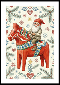 Tomte rider på traditionell dalahäst bland julens mönster-0