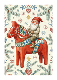 Tomte rider på traditionell dalahäst bland julens mönster-1