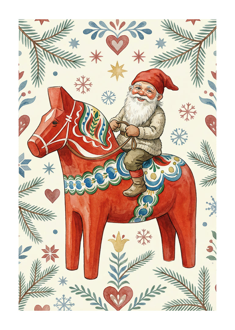 Tomte rider på traditionell dalahäst bland julens mönster-12