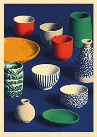 Vibrant color explosion of ceramics against a deep blue background.-1