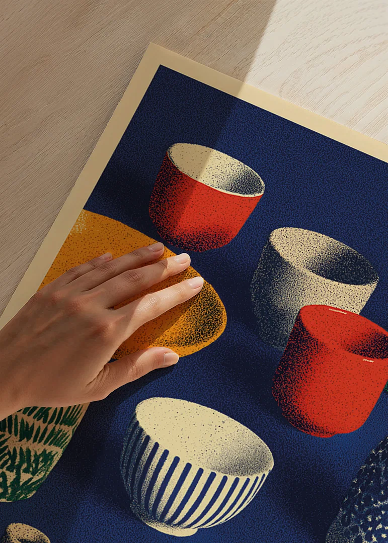 Vibrant color explosion of ceramics against a deep blue background.-12