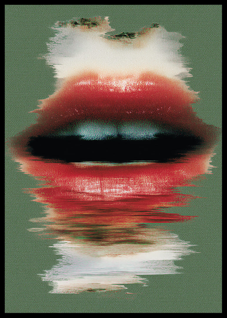 Výrazné červené pery na zelenom pozadí vytvárajú dramatický dojem.-12