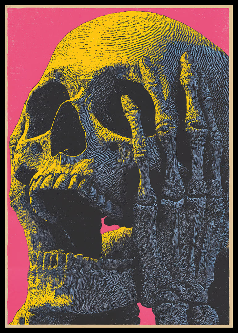 Neónom osvetlená lebka vyvoláva intenzívne pocity kontemplácie.-12