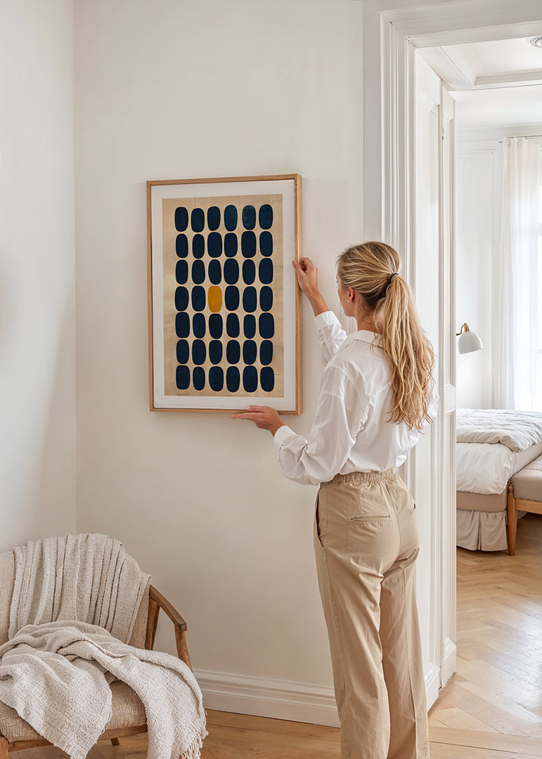 Kontrasten av blå rektanglar mot en gyllene bakgrund fascinerar.-12