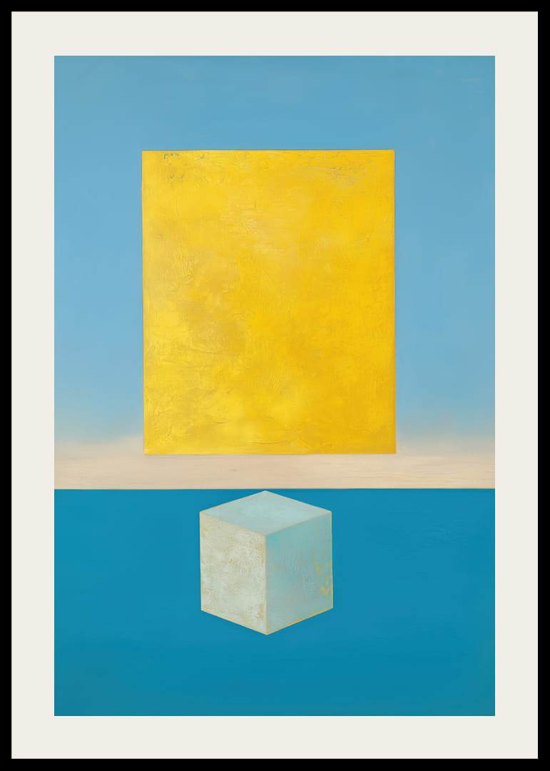 Un rectangle doré flotte au-dessus d'un cube turquoise.-12