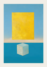 Un rectangle doré flotte au-dessus d'un cube turquoise.-3