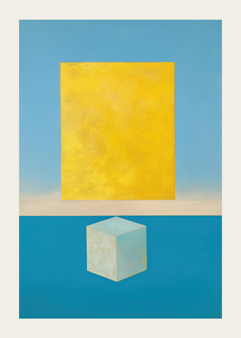 Un rectangle doré flotte au-dessus d'un cube turquoise.-12