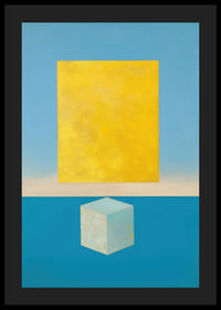 Un rectangle doré flotte au-dessus d'un cube turquoise.-4
