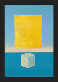 Un rectangle doré flotte au-dessus d'un cube turquoise.-5