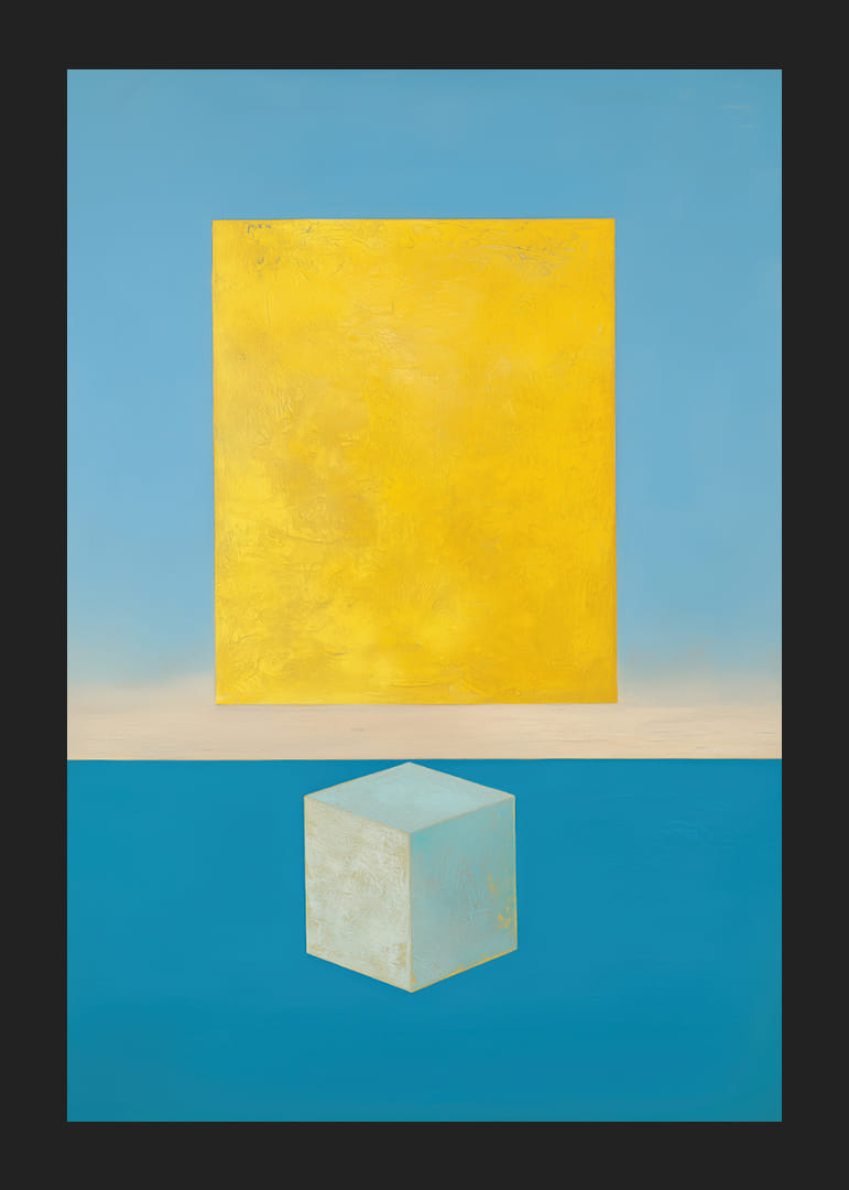 Un rectangle doré flotte au-dessus d'un cube turquoise.-12