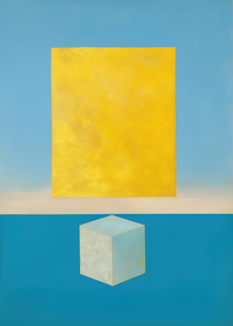 Zlatý obdĺžnik sa vznáša nad tyrkysovou kockou.-12